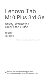Lenovo M10 Plus 3rd Gen Güvenlik, Garanti ve Hızlı Başlangıç Kılavuzu